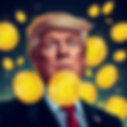 An illustration of former President Trump with Bitcoin symbols around him, showing a misunderstanding of cryptocurrency as a physical asset.
