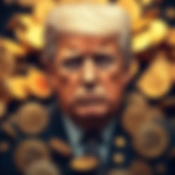 A depiction of Trump surrounded by Bitcoin coins, symbolizing potential financial gains from Bitcoin investments.