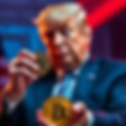 Donald Trump with a Bitcoin, contemplating his investment in cryptocurrency