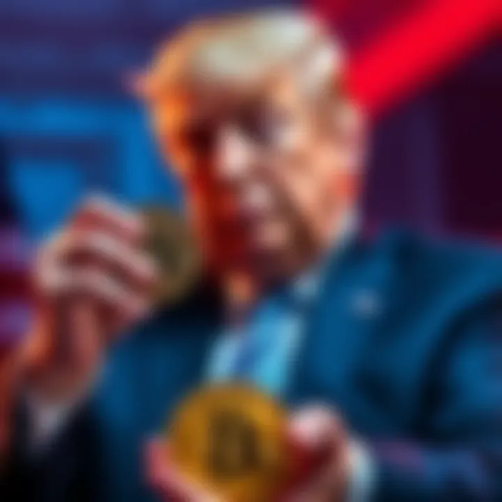 Donald Trump with a Bitcoin, contemplating his investment in cryptocurrency