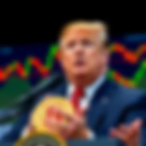 President Trump speaking about a proposed Bitcoin tax exemption in front of a financial backdrop