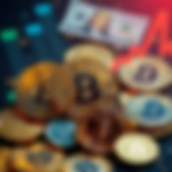 A visual representation of Trump coins overshadowing Bitcoin, showing a downward trend in cryptocurrency values, with money symbols and a Bitcoin logo in the background.