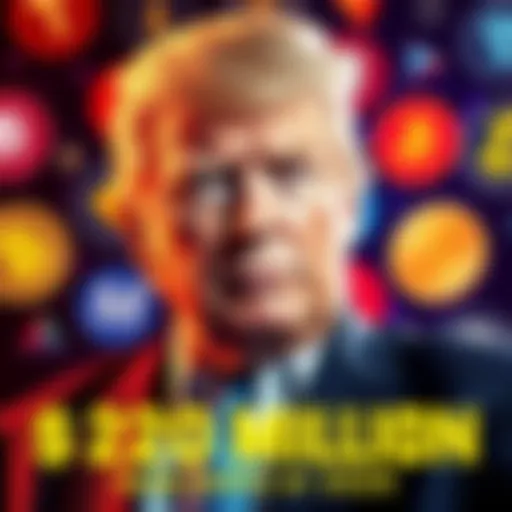 Former President Donald Trump with cryptocurrency logos in the background