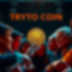 A group of people discussing cryptocurrency, with a coin labeled Trump's crypto coin in the center, showcasing mixed expressions of excitement and skepticism.