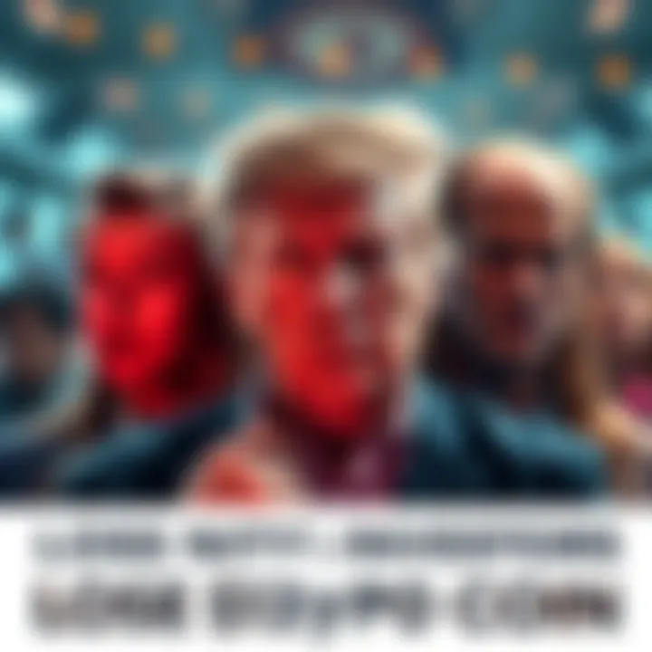 A dramatic image of investors looking worried and frustrated as they face financial loss from the Trump Crypto Coin collapse.