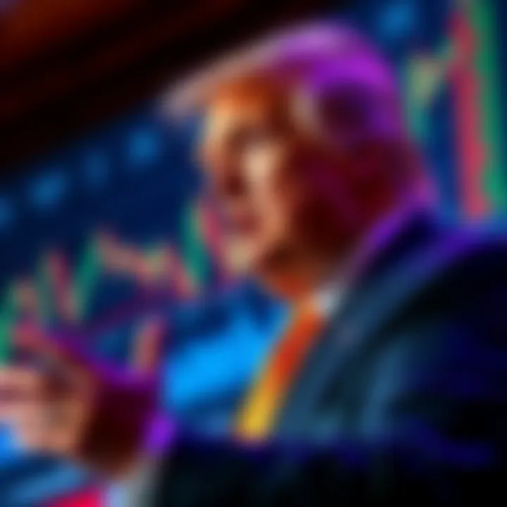 Former President Trump speaking about cryptocurrency, with charts showing market trends in the background.
