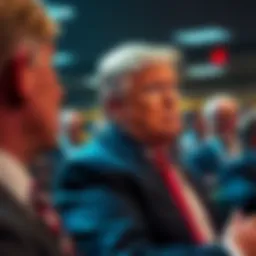 Former President Trump with a worried expression discussing cryptocurrency issues in a crowded room