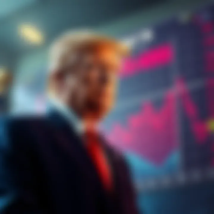 Former President Trump standing next to a chart showing declining cryptocurrency values, looking concerned about the market.