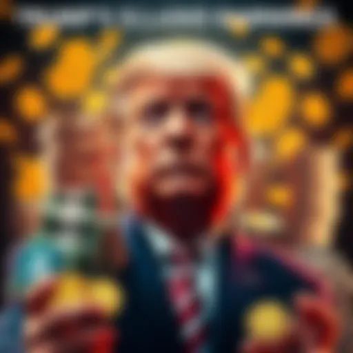 A graphic showing Donald Trump with stacks of money and cryptocurrency symbols, representing his alleged earnings from market manipulation.