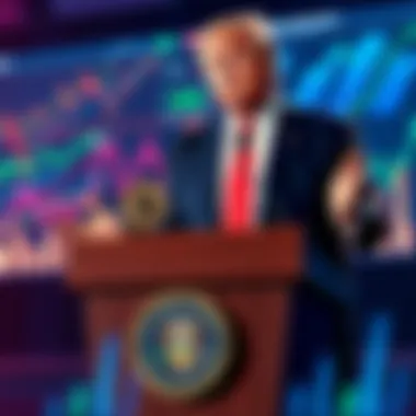 Trump discussing cryptocurrency earnings Trump speaks at a podium about his cryptocurrency earnings, with graphs behind him illustrating market trends and investments.