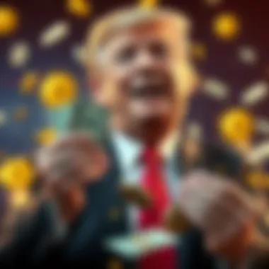 Donald Trump happily counting money with cryptocurrency symbols in the background