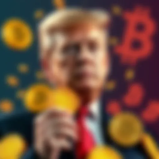 Former President Trump stands with Bitcoin symbols and dollar signs, representing his crypto gains.