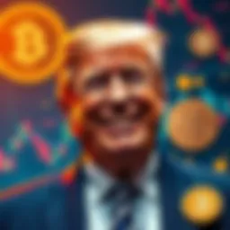 Donald Trump smiling with cryptocurrency symbols and graphs in the background