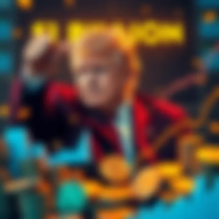 Donald Trump celebrating his $1 billion earnings from cryptocurrency investments, surrounded by coins and charts showing growth