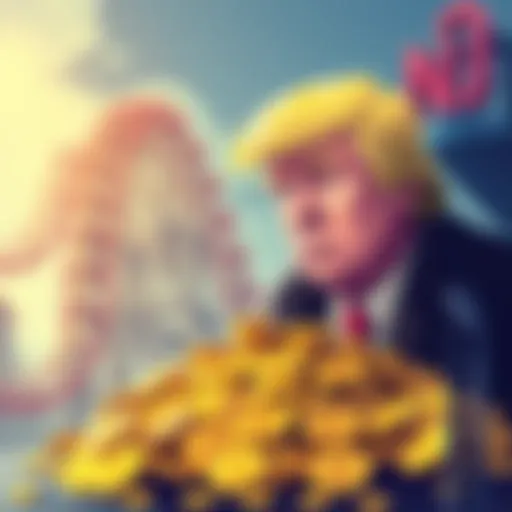 An illustration of Trump standing beside a pile of meme coins, with a roller coaster representing market volatility in the background