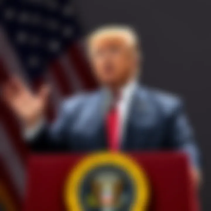 President Trump at a podium, declaring an end to crypto investigations, with an American flag in the background
