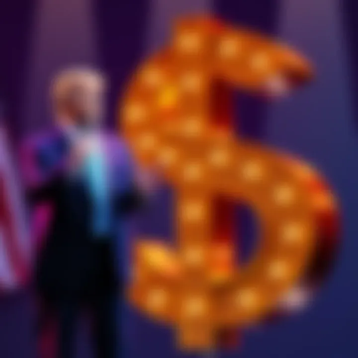 Former President Trump standing next to a large dollar sign symbolizing his $1.4 billion income from cryptocurrency in 2025