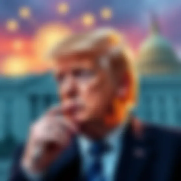 Former President Trump contemplating investment in cryptocurrency with a backdrop of digital currency symbols and government building.