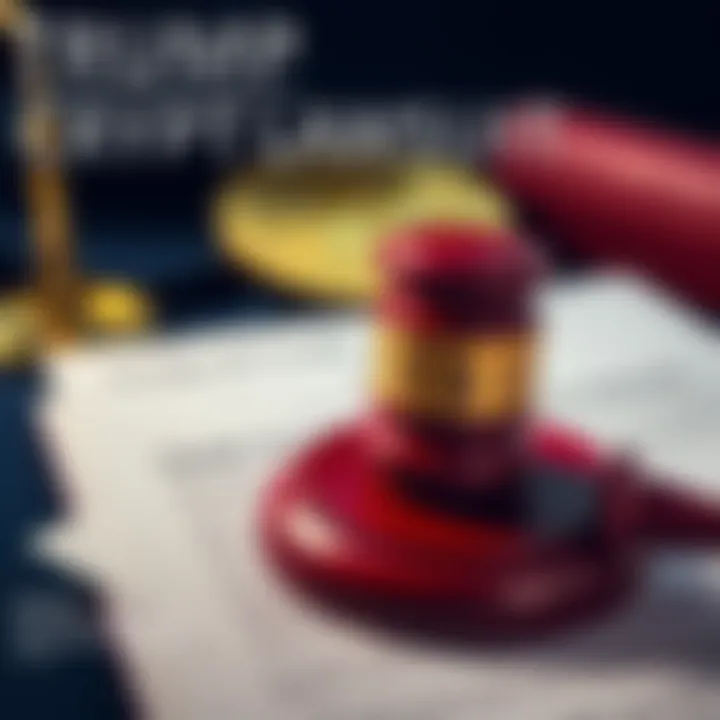 A close-up of a gavel resting on legal documents with a blurred logo of a cryptocurrency in the background, symbolizing a lawsuit regarding fraud allegations in Trump's crypto project.
