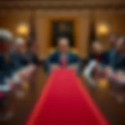 President Trump sits at a conference table with leaders from Coinbase and Ripple discussing cryptocurrency regulation.