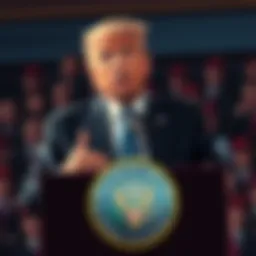 Former President Trump speaking at a podium about cryptocurrency regulations, with a concerned crowd in the background.
