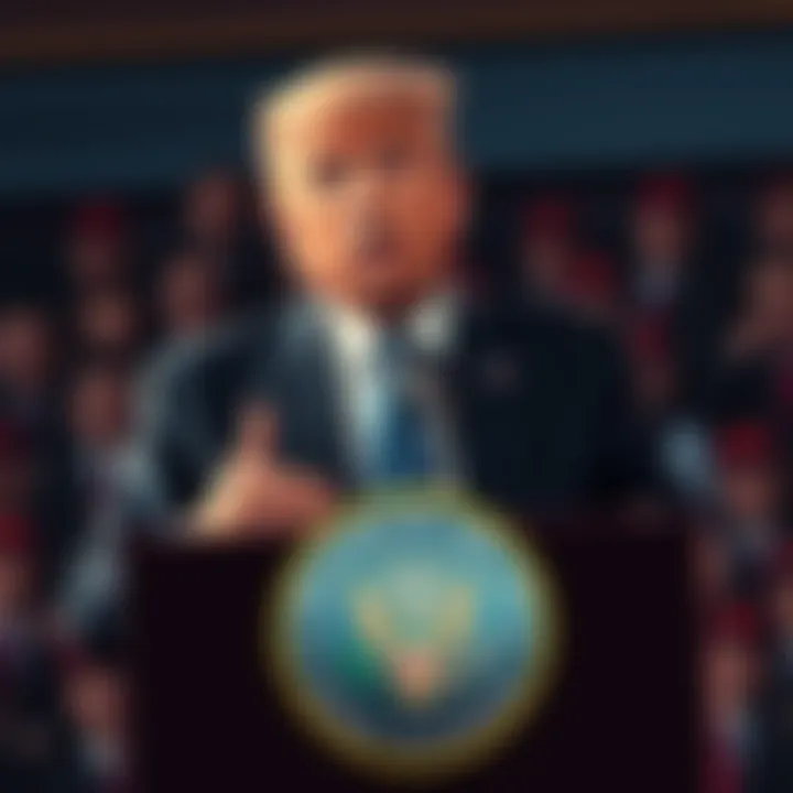 Former President Trump speaking at a podium about cryptocurrency regulations, with a concerned crowd in the background.