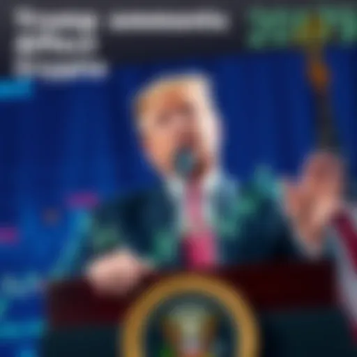 A graphic showing fluctuating cryptocurrency prices with a background image of President Trump speaking at a podium.