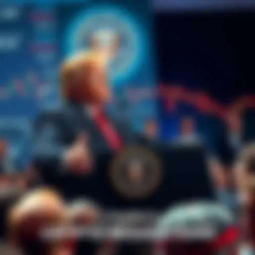 President Trump speaks at a podium about proposed cryptocurrency regulations, with a backdrop featuring financial graphs and concerned faces of investors in the audience.