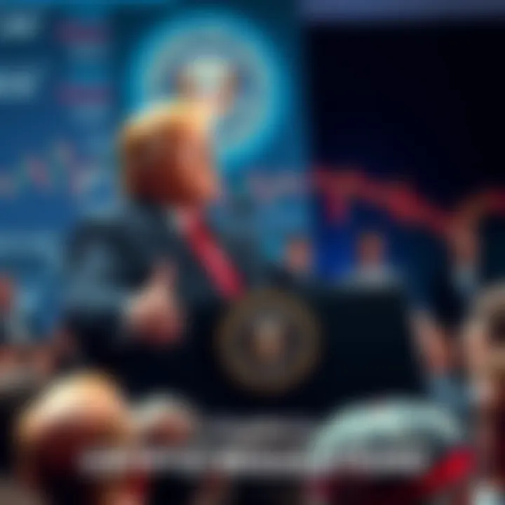 President Trump speaks at a podium about proposed cryptocurrency regulations, with a backdrop featuring financial graphs and concerned faces of investors in the audience.