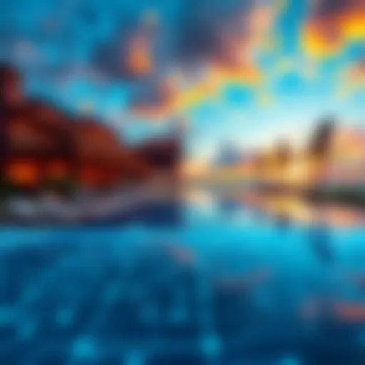 Trump's cryptocurrency company announces tokenized resort loans with a luxurious resort backdrop and digital graphics representing blockchain technology.