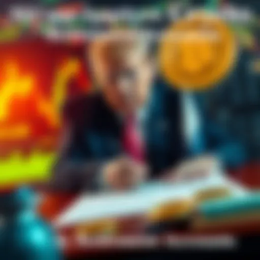 Former President Trump signs a document approving cryptocurrency in retirement accounts, with a backdrop of charts and financial symbols representing the crypto market