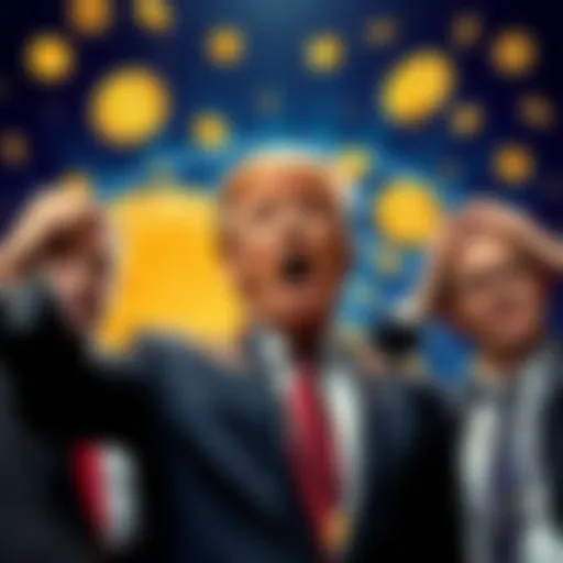 Donald Trump and his sons celebrating a financial victory with cryptocurrency symbols in the background, while investors appear worried, holding their heads in disappointment.