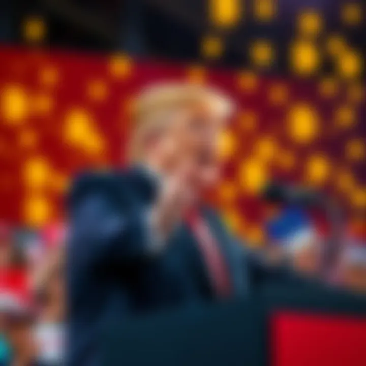 President Trump speaking at a rally, expressing strong support for the cryptocurrency industry, with a backdrop of digital currency symbols.