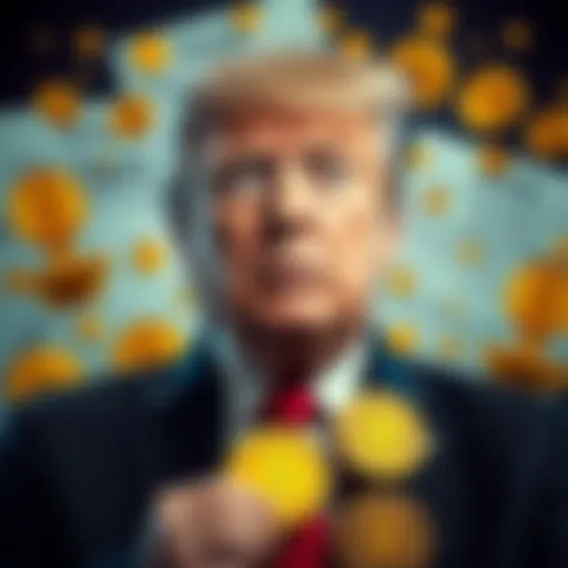 Donald Trump surrounded by cryptocurrency symbols, showcasing his support for crypto while tax documents are in the background, emphasizing IRS regulations.