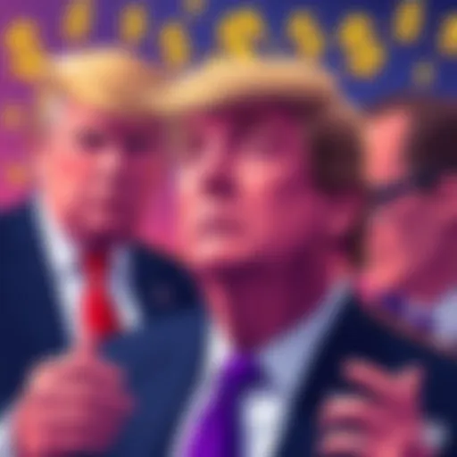 Illustration of Trump discussing cryptocurrency tax policies with lawmakers, featuring dollar signs and cryptocurrency symbols in the background.