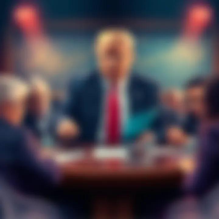 President Trump discussing cryptocurrency tax policies with investors at a round table meeting, showing charts and digital currency symbols.