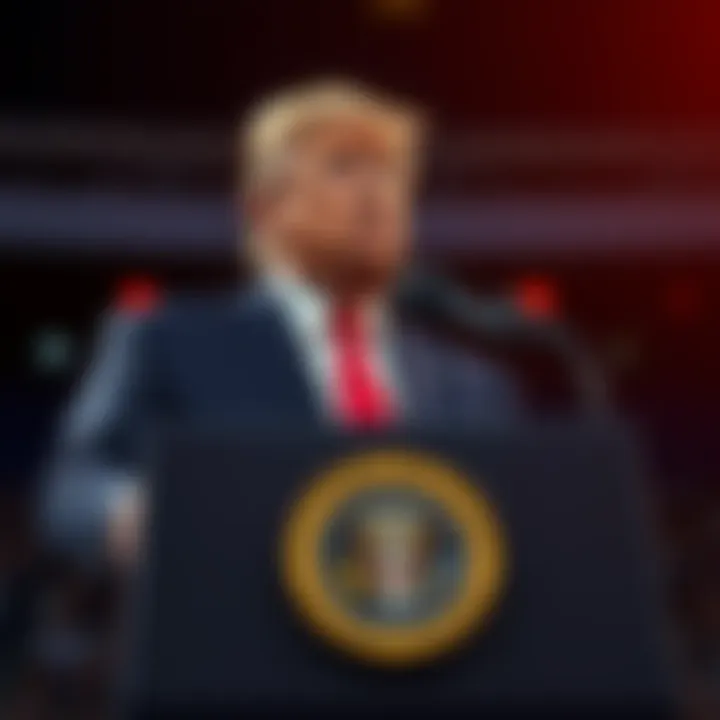 Former President Trump at a podium announcing his new cryptocurrency venture, emphasizing a $5 million investment for direct access.