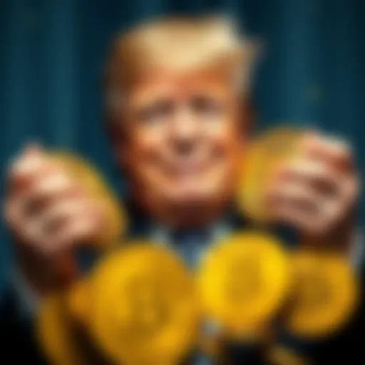 Donald Trump holding large gold coins with cryptocurrency symbols, showcasing his financial success in crypto ventures.