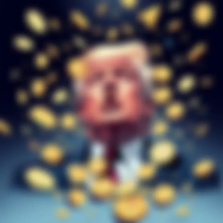 Trump and Cryptocurrency Illustration of Trump with falling cryptocurrency symbols around him, representing market turmoil.