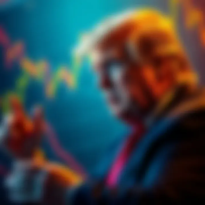 Donald Trump discussing cryptocurrency trends with graphs in the background