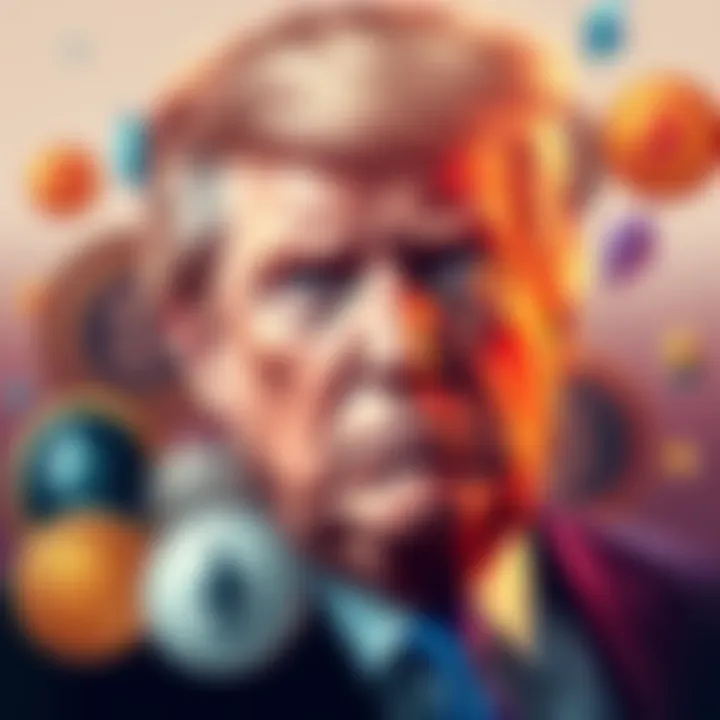 A portrait of Donald Trump alongside various cryptocurrency symbols like Bitcoin and Ethereum, representing his influence on the crypto market.