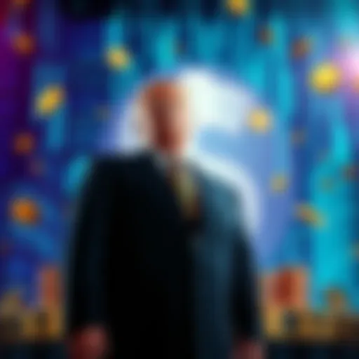 Donald Trump stands in front of a large digital dollar sign, with cryptocurrency coins around him, symbolizing his recent crypto ventures.