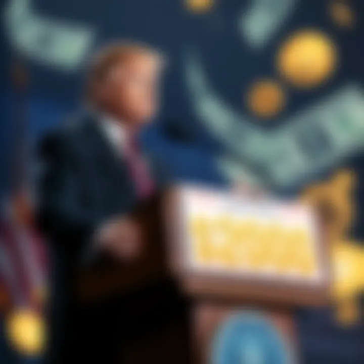 Trump Proposes $2000 Dividend Checks Image of Donald Trump standing at a podium discussing economic plans, with a graphic showing dollar bills and crypto coins in the background