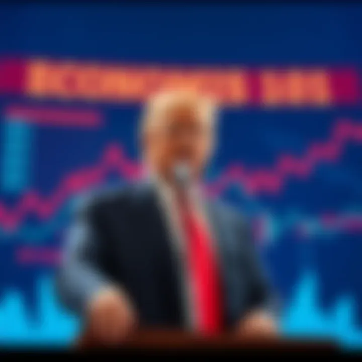 Donald Trump at a podium Donald Trump speaking at a podium with economic graphics in the background