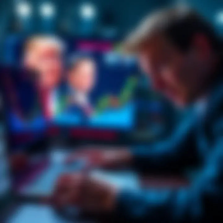 A close-up of a concerned person analyzing cryptocurrency charts on a laptop with a Trump family photo in the background