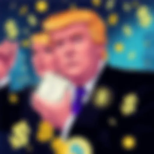 Illustration of Donald Trump and his family surrounded by cryptocurrency symbols and dollar signs, emphasizing their earnings from digital assets.