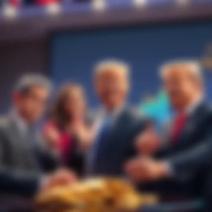 The Trump family celebrates their $620 million profit from cryptocurrency investments with a financial graph showing growth in the background.