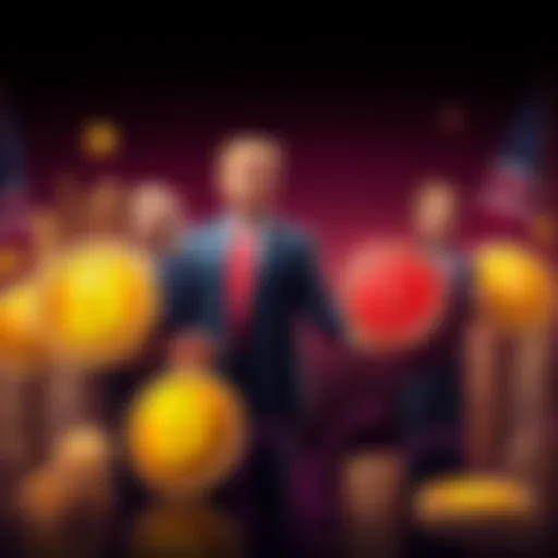 Members of the Trump family standing next to symbols of cryptocurrency, representing their ventures and financial success