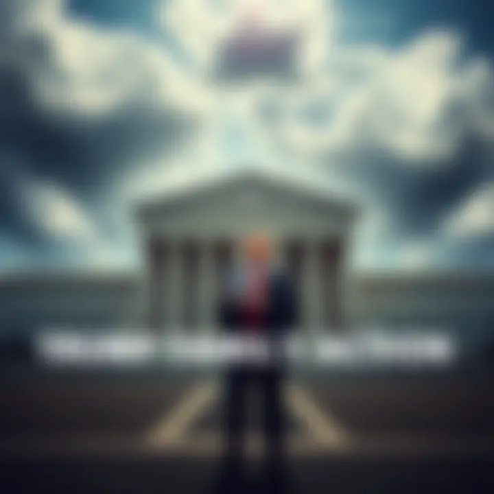 The Trump family stands outside a courthouse, holding legal documents, with a backdrop of financial symbols and clouds representing a stormy legal battle against Justin Sun.