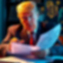 Trump Financial Disclosure Donald Trump reviewing financial documents with crypto symbols in the background